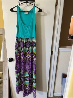 Coveted Clothing Teal and Purple Patterned Maxi Dress